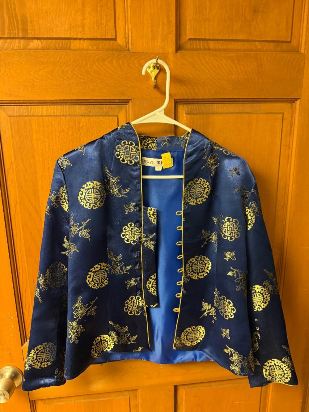 Women's Chinese Silk Brocade Jacket Navy With Gold Shou Symbol Frog Button XL